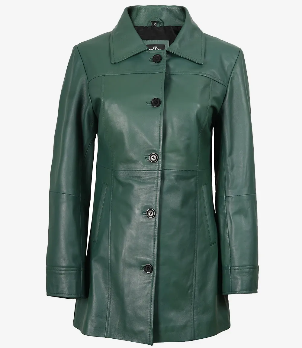 Women's Real Leather 3/4 Length Button Down Green Coat Women's Real Leather 3/4 Length Button Down Green Coat