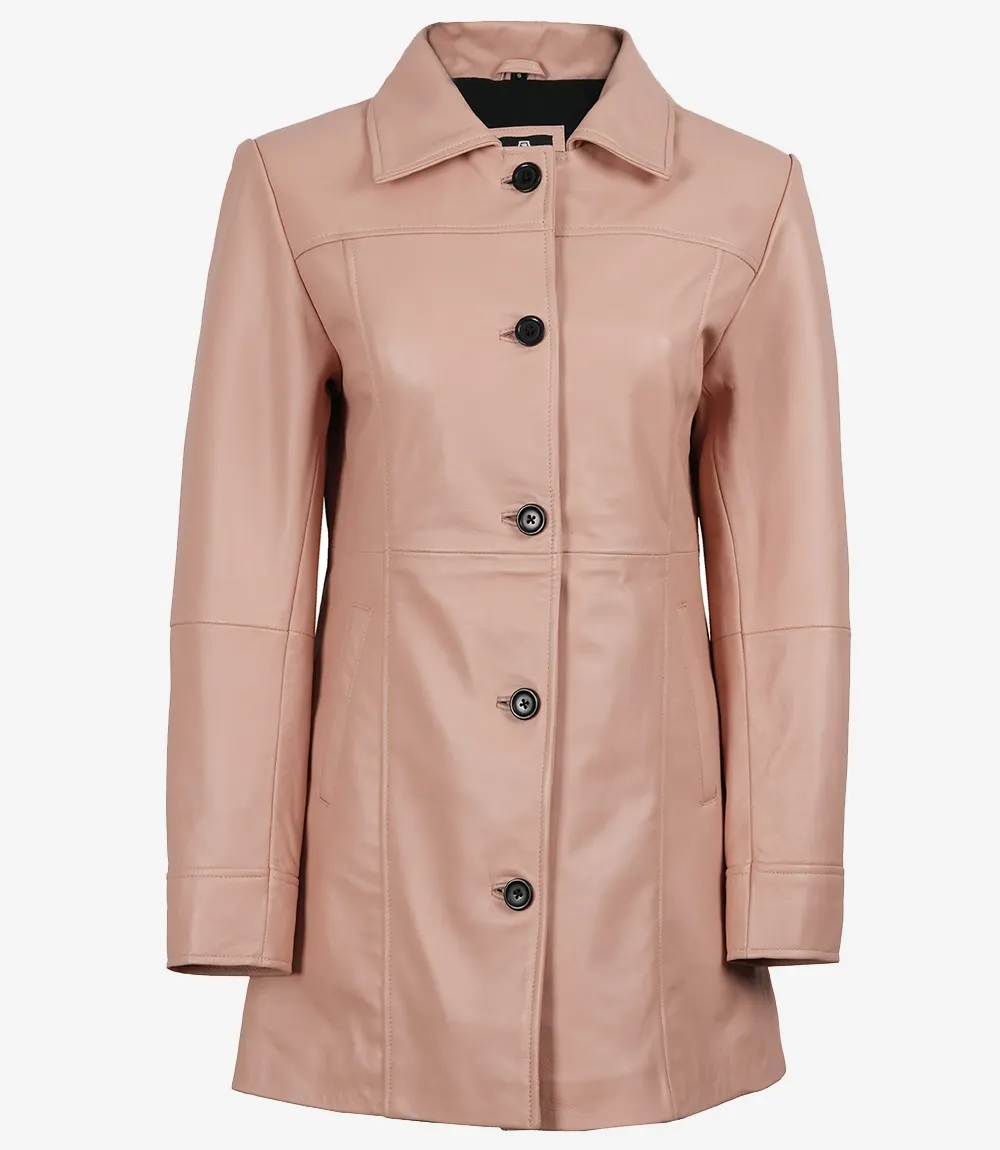 Women's Real Leather Pink Button Down Car Coat Women's Real Leather Pink Button Down Car Coat