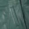 Women's Real Leather 3/4 Length Button Down Green Coat