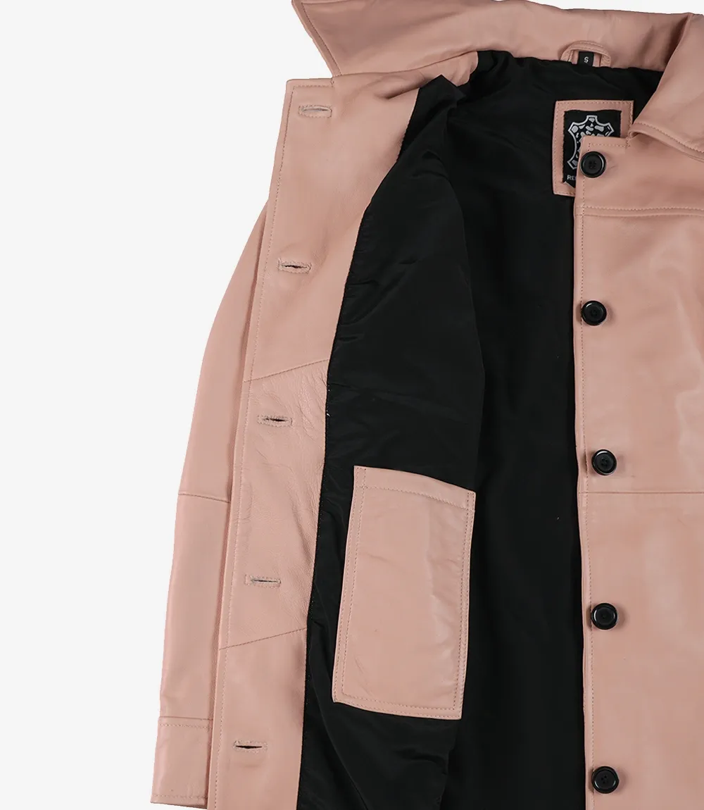 Women's Real Leather Pink Button Down Car Coat Women's Real Leather Pink Button Down Car Coat