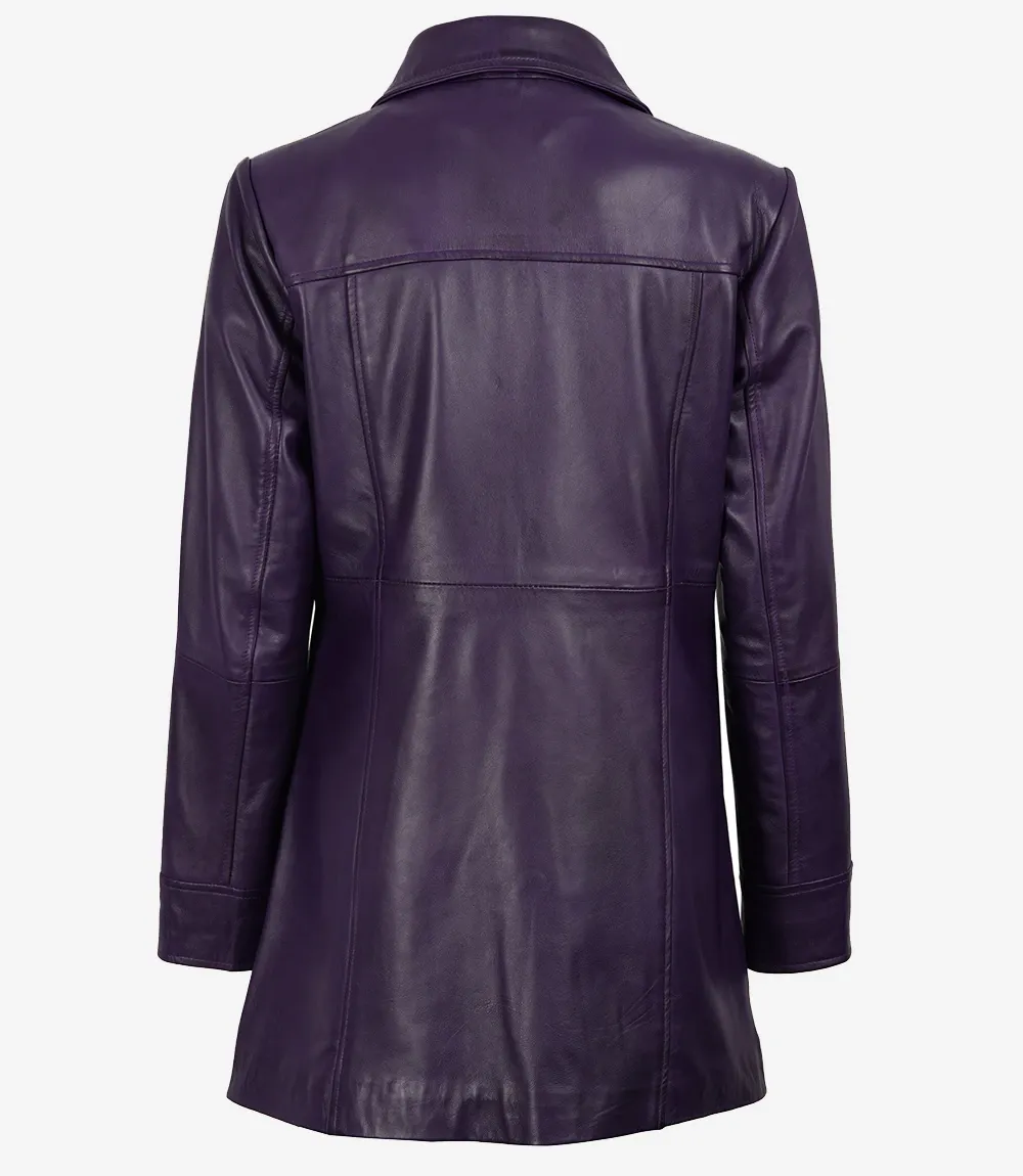 Women's 3/4 Length Button Down Purple Leather Coat Women's 3/4 Length Button Down Purple Leather Coat