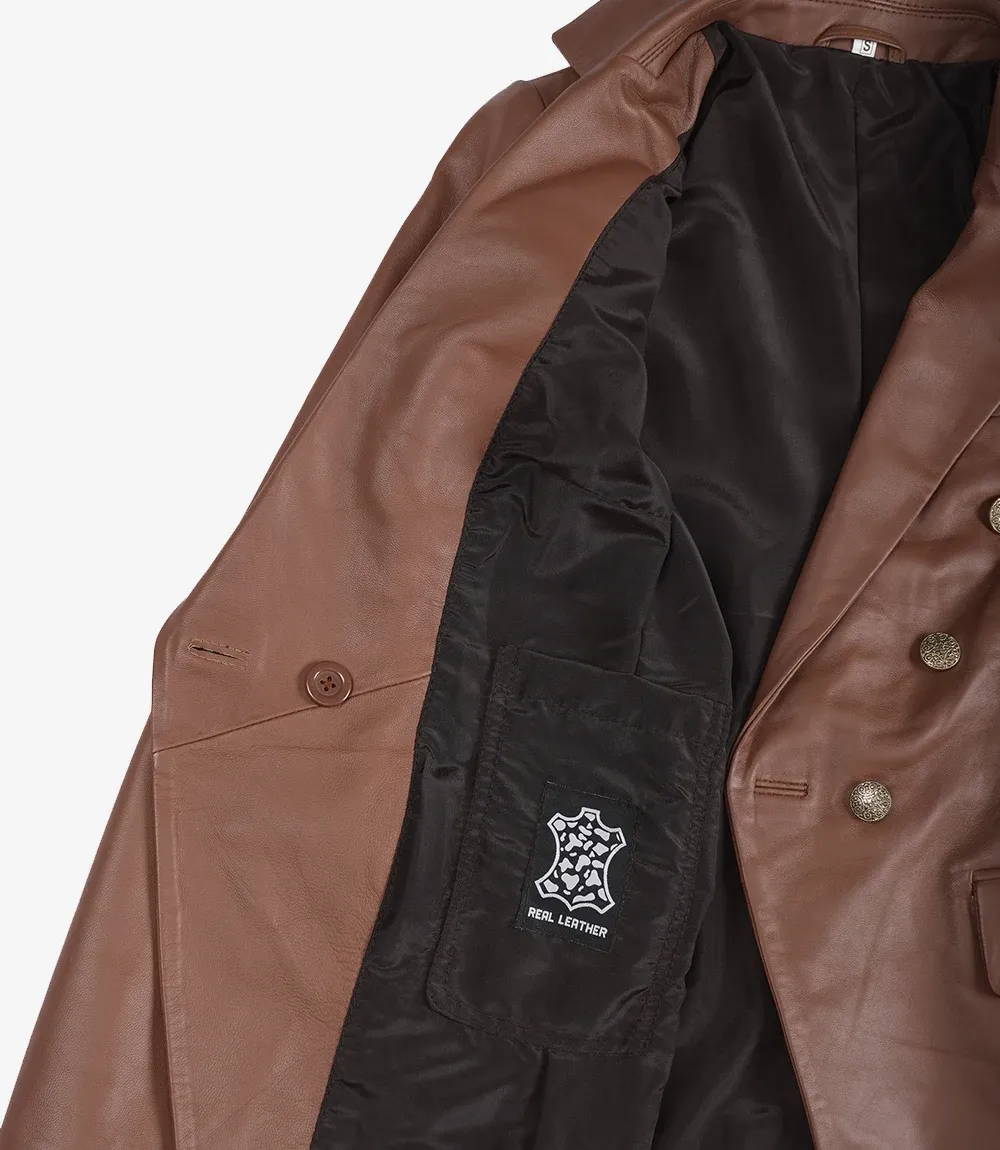 Womens Kim Double Breasted Cognac Leather Blazer Womens Kim Double Breasted Cognac Leather Blazer