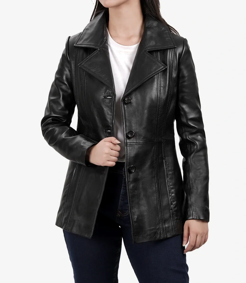 Bitonto Womens 3/4 Length Black Leather Coat Bitonto Womens 3/4 Length Black Leather Coat