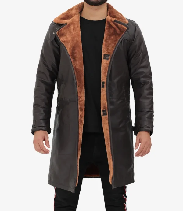 Mens 3/4 Length Dark Brown Leather Shearling Coat