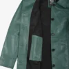 Women's Real Leather 3/4 Length Button Down Green Coat
