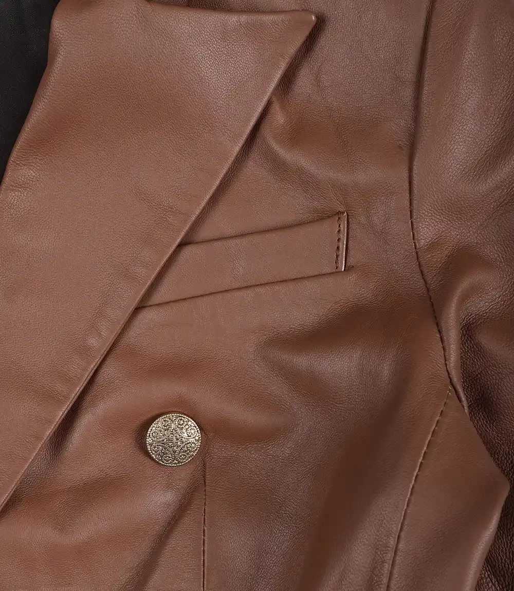 Womens Kim Double Breasted Cognac Leather Blazer Womens Kim Double Breasted Cognac Leather Blazer