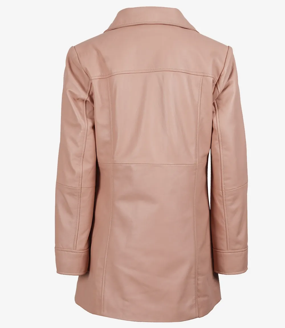 Women's Real Leather Pink Button Down Car Coat Women's Real Leather Pink Button Down Car Coat