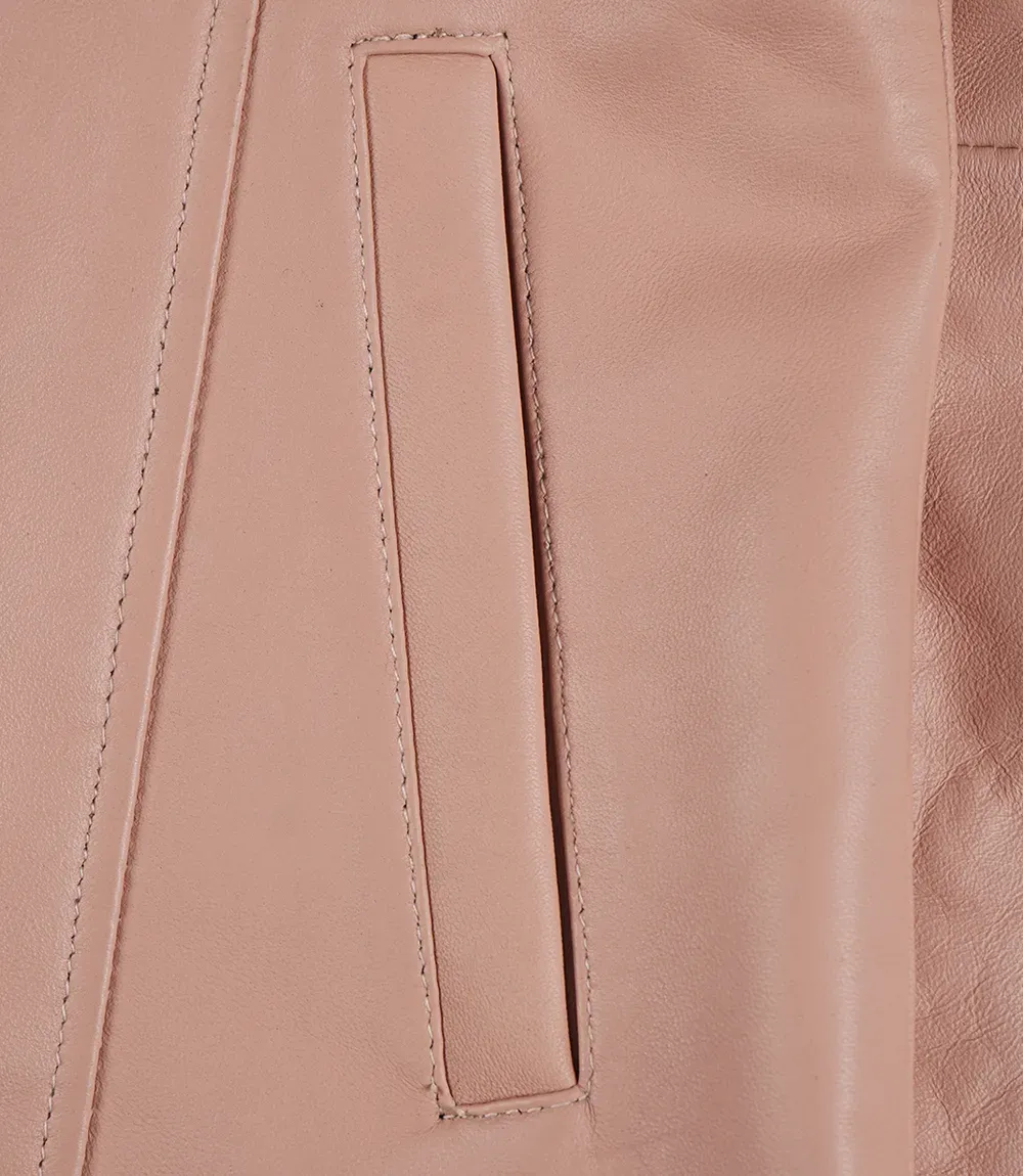 Women's Real Leather Pink Button Down Car Coat Women's Real Leather Pink Button Down Car Coat