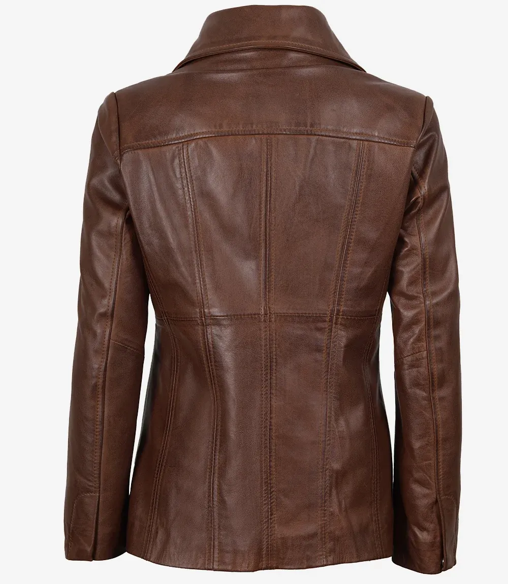 Women's Three Button Brown Leather Blazer Women's Three Button Brown Leather Blazer