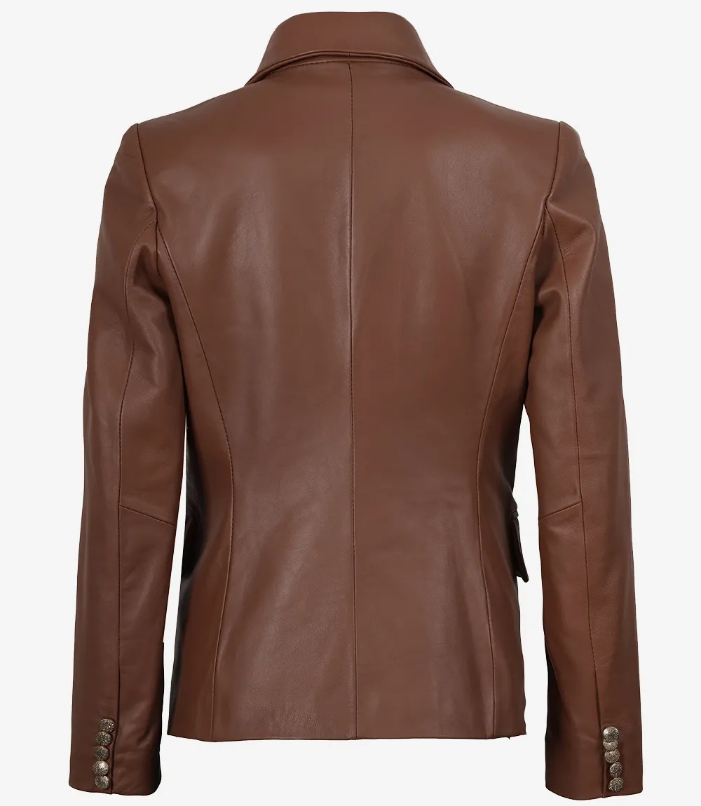 Womens Kim Double Breasted Cognac Leather Blazer Womens Kim Double Breasted Cognac Leather Blazer