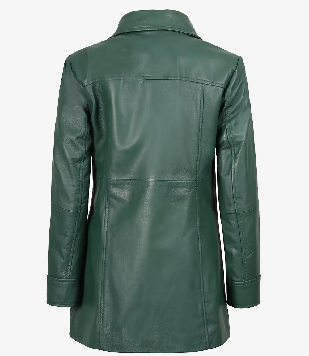 Women's Real Leather 3/4 Length Button Down Green Coat Women's Real Leather 3/4 Length Button Down Green Coat