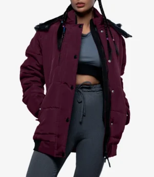 Jasmime Women’s Maroon 3/4 Length Puffer Jacket – Faux Fur Trim Hood