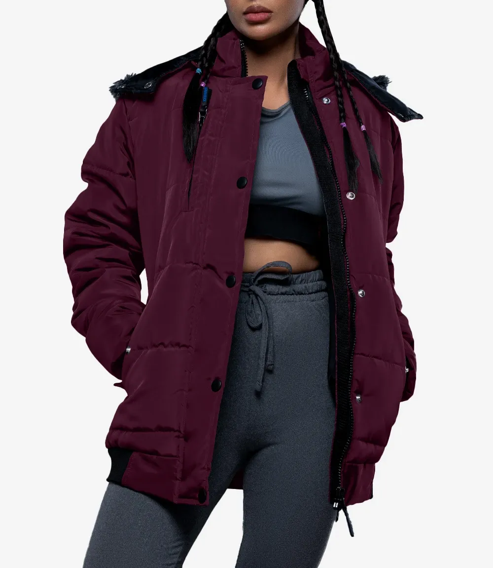 Jasmime Women’s Maroon 3/4 Length Puffer Jacket – Faux Fur Trim Hood Jasmime Women’s Maroon 3/4 Length Puffer Jacket – Faux Fur Trim Hood