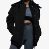 Jasmime Women’s Gray 3/4 Length Puffer Jacket – Faux Fur Trim Hood
