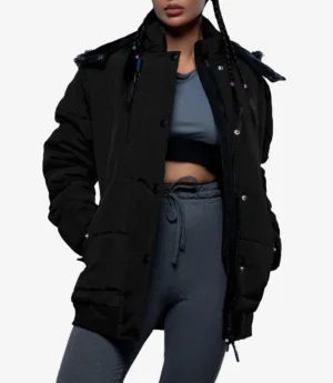 Jasmime Women’s Gray 3/4 Length Puffer Jacket – Faux Fur Trim Hood