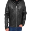 Men Black Leather Jacket With Fur Hoodie