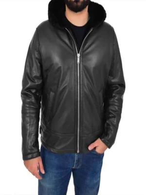 Men Black Leather Jacket With Fur Hoodie