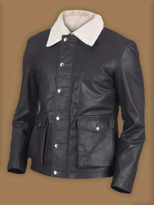 Men Black Button Shearling Leather Jacket Men Black Button Shearling Leather Jacket