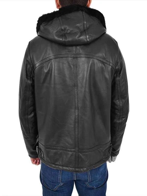 Men Black Leather Jacket With Fur Hoodie Men Black Leather Jacket With Fur Hoodie