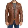 Mens Brown Four Pockets Leather Blazer