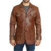 Mens Brown Four Pockets Leather Blazer