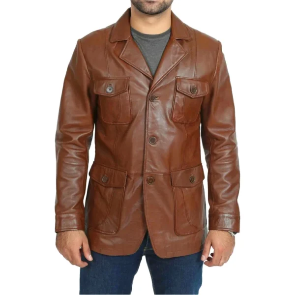 Mens Brown Four Pockets Leather Blazer
