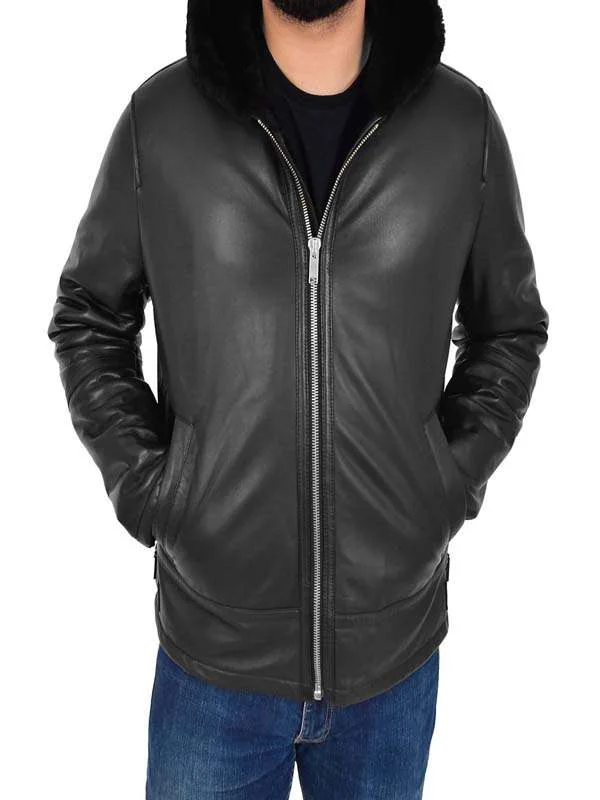 Men Black Leather Jacket With Fur Hoodie Men Black Leather Jacket With Fur Hoodie