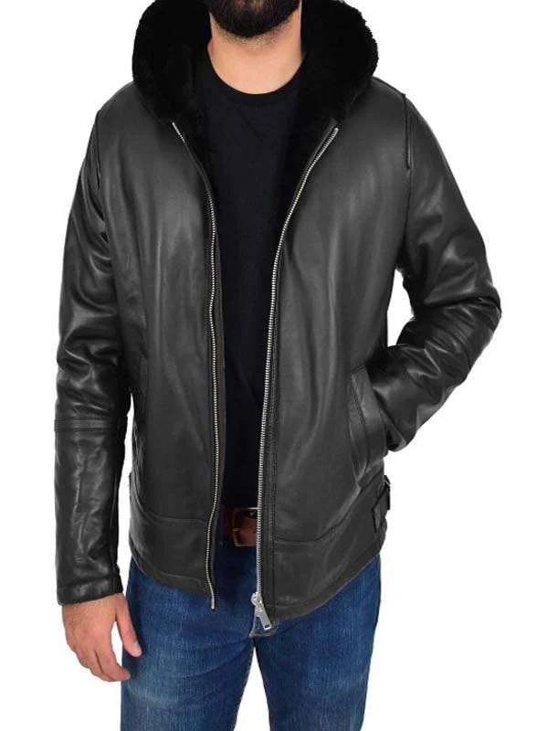 Men Black Leather Jacket With Fur Hoodie Men Black Leather Jacket With Fur Hoodie