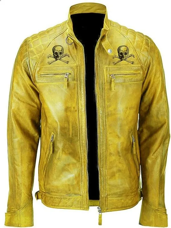 Men’s Yellow Devil’s Skull Danger Biker Vintage Leather Jacket Men’s Yellow Devil’s Skull Danger Biker Vintage Leather Jacket
