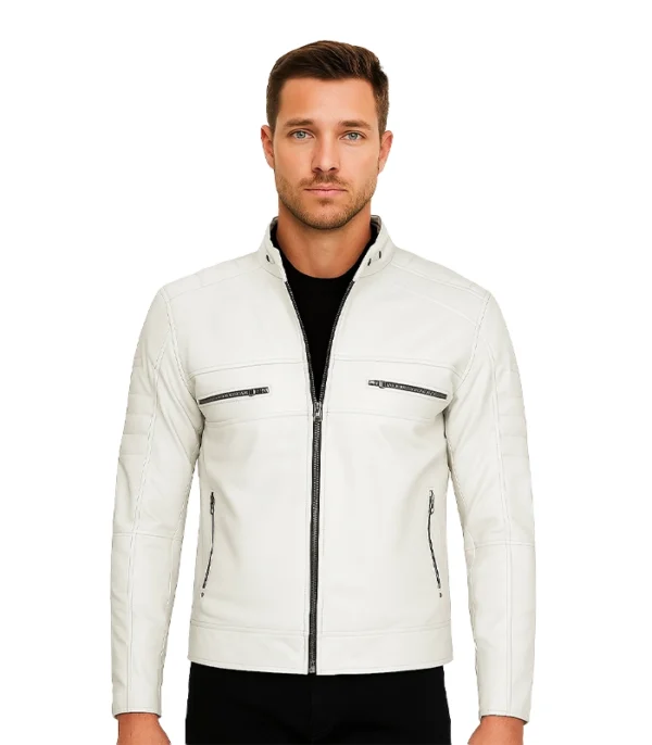 Austin Men Cafe Racer Off White Real Leather Jacket