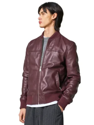 Barneys Burgundy Leather Bomber Jacket