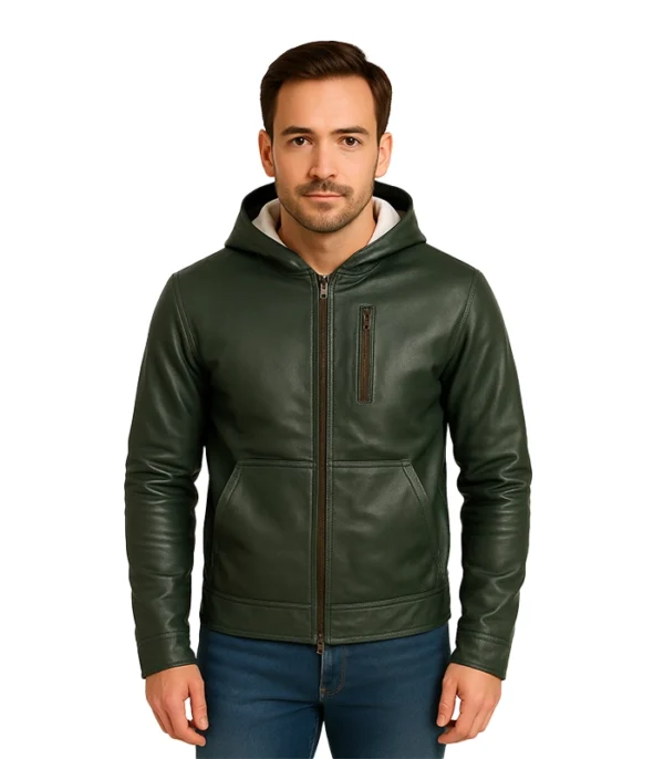Baston Green Leather Bomber Jacket with Hood