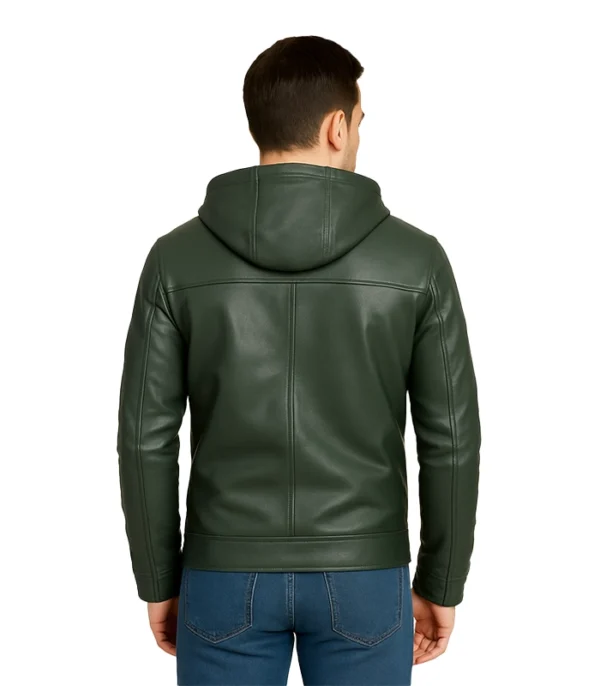 Baston Green Leather Bomber Jacket with Hood