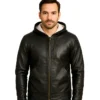 Baston – Black Hooded Leather Bomber Jacket