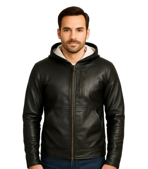 Baston – Black Hooded Leather Bomber Jacket