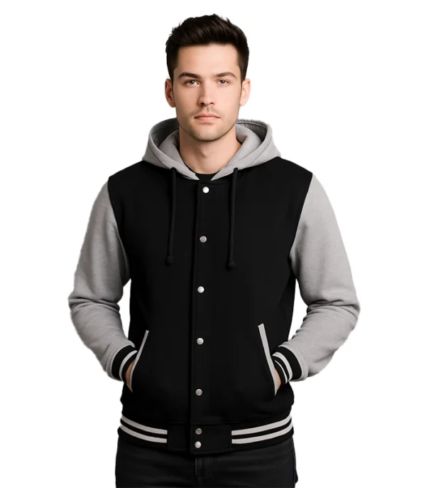 Black and Grey Varsity Jacket with Hood | Baseball College Style