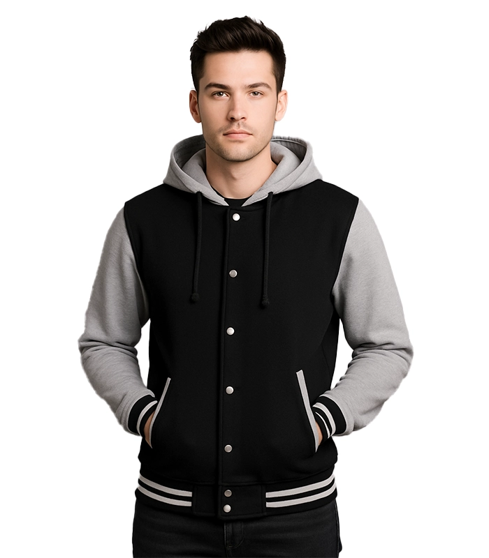 Black and Grey Varsity Jacket with Hood | Baseball College Style Black and Grey Varsity Jacket with Hood | Baseball College Style