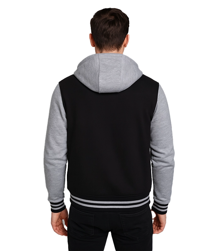 Black-and-Grey-VBlack and Grey Varsity Jacket with Hood | Baseball College Stylearsity-Jacket-with-Hood-2 Black and Grey Varsity Jacket with Hood | Baseball College Style