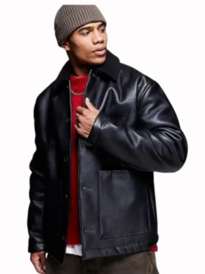 Borg Lined Oversized Black Leather Jacket