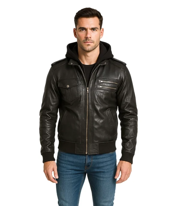 Bravado Black Leather Bomber Jacket With Hood