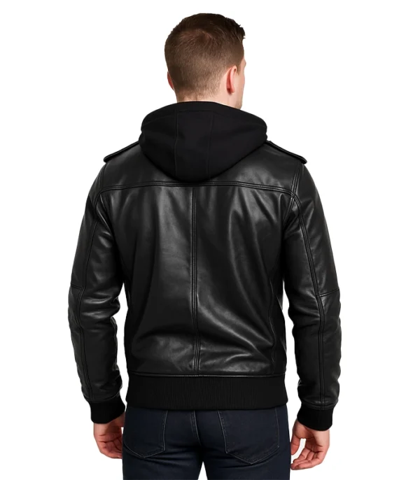 Bravado Black Leather Bomber Jacket With Hood