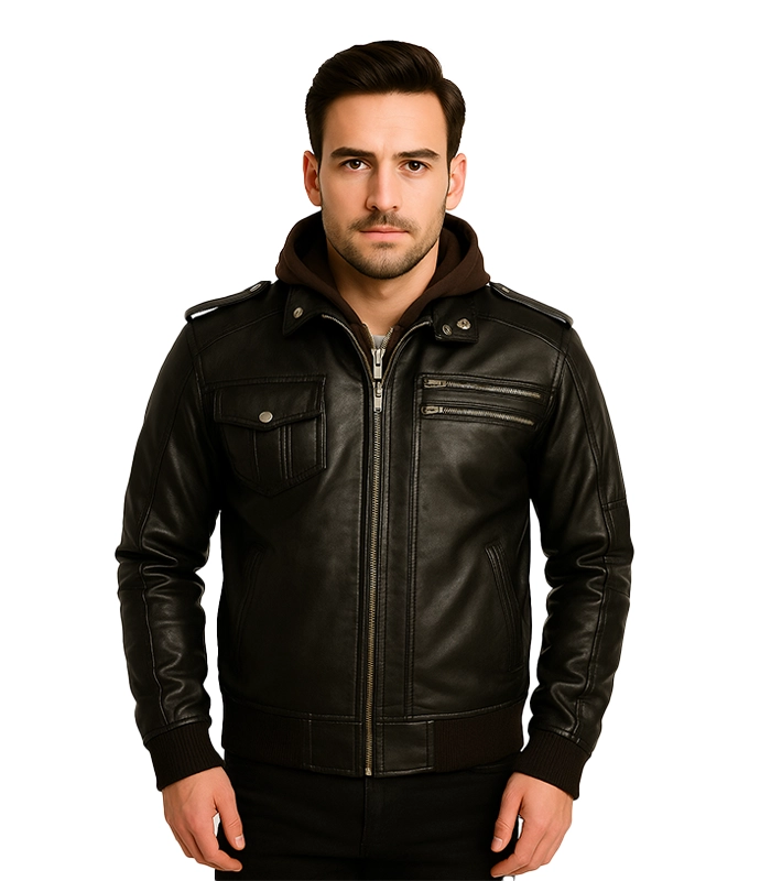 Bravado Brown Leather Hooded Bomber Jacket Bravado Brown Leather Hooded Bomber Jacket