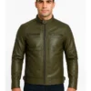 Classic Men’s Dark Green Real Leather Cafe Racer Biker Jacket