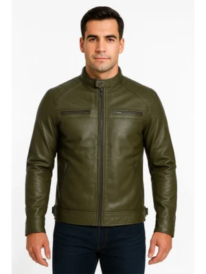 Classic Men’s Dark Green Real Leather Cafe Racer Biker Jacket