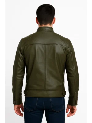 Classic Men’s Dark Green Real Leather Cafe Racer Biker Jacket