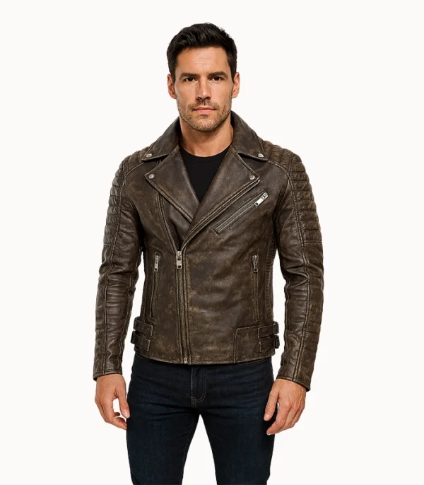 Distressed Brown Leather Biker Jacket – Armand