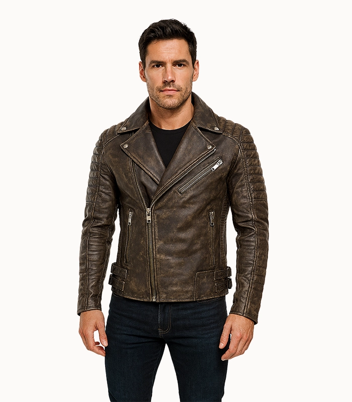 Distressed Brown Leather Biker Jacket – Armand Distressed Brown Leather Biker Jacket – Armand