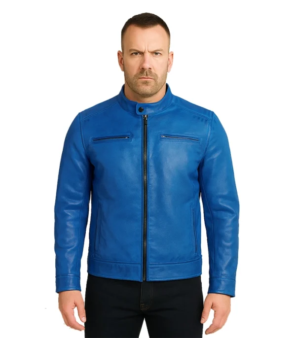 Dodge Cafe Racer Blue Leather Jacket Men