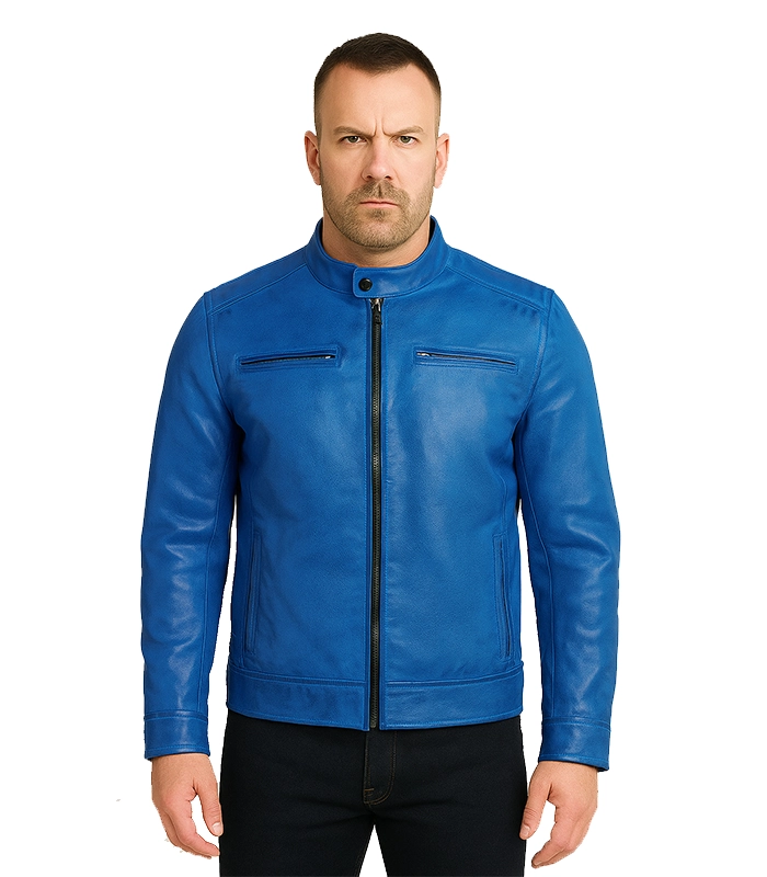 Dodge Cafe Racer Blue Leather Jacket Men Dodge Cafe Racer Blue Leather Jacket Men