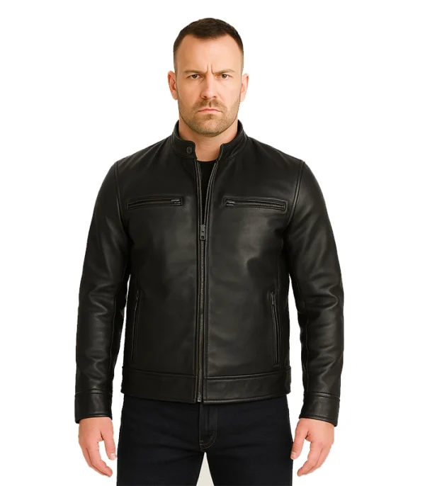 Dodge Men’s Black Leather Cafe Racer Jacket – Low Stock